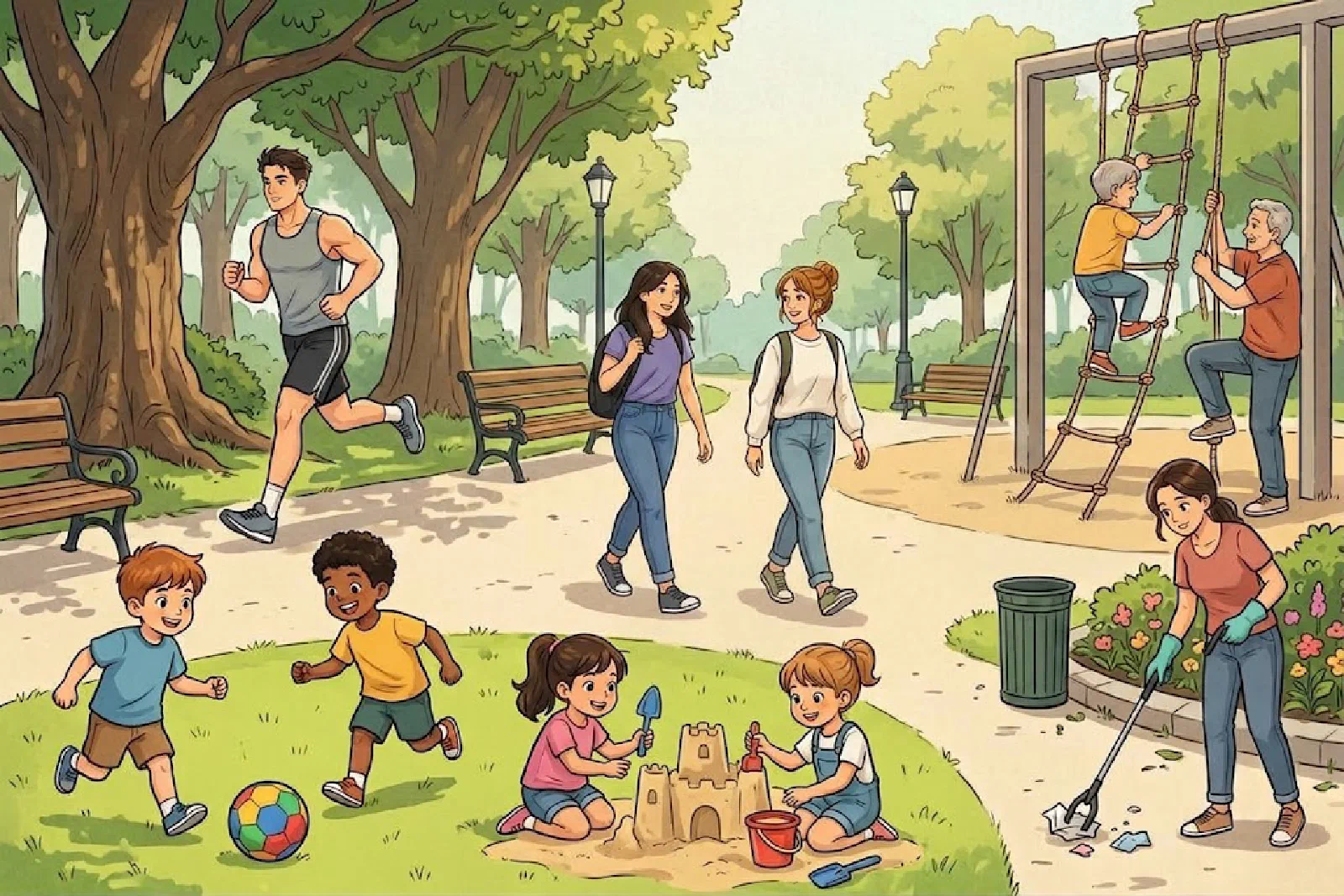 פארק מלא אנשים: רץ, ילדים משחקים בכדור ובונים ארמון חול, סבא ונכד מטפסים, אישה אוספת זבל, ונועה ואינֵש מטיילות