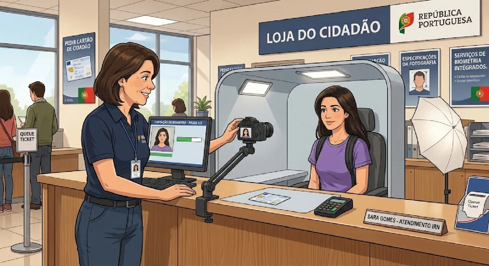 פקידה מצלמת את נועה בעמדת הצילום. על הקיר: Loja do Cidadão, Especificações da fotografia