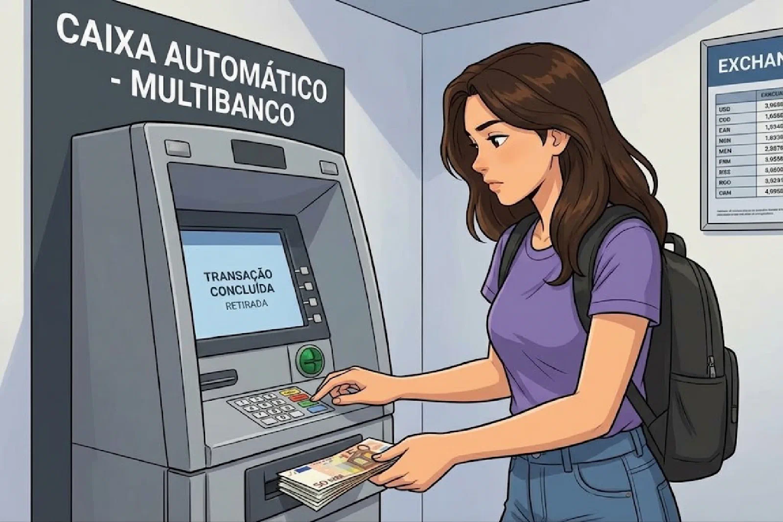 נועה בכספומט Multibanco מחזיקה שטרות. על המסך: Transação concluída