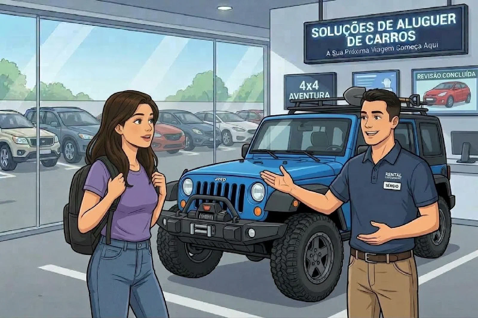 סרז'יו מציג לנועה ג'יפ כחול גדול. על השלט: 4x4 Aventura
